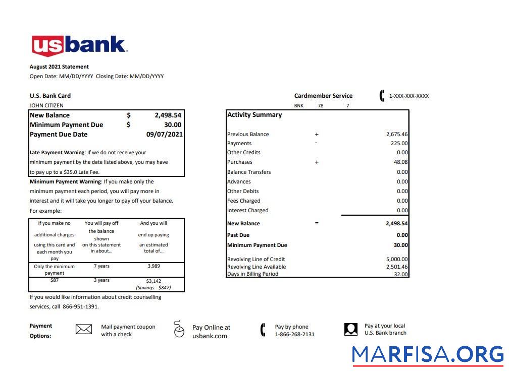 Printable USA U.S. bank credit card statement excel 2 pages real example